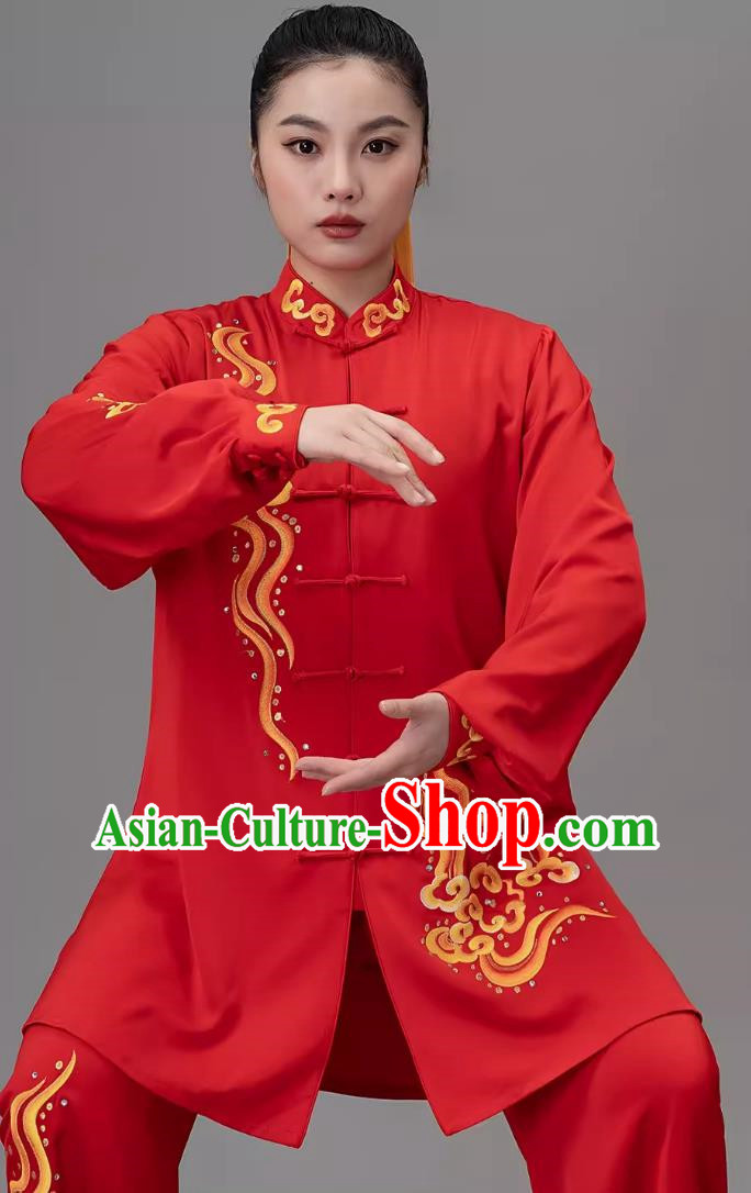 Chinese Red Embroidered Xiangyun Tai Chi Performance Competition Wear Tai Chi Suit