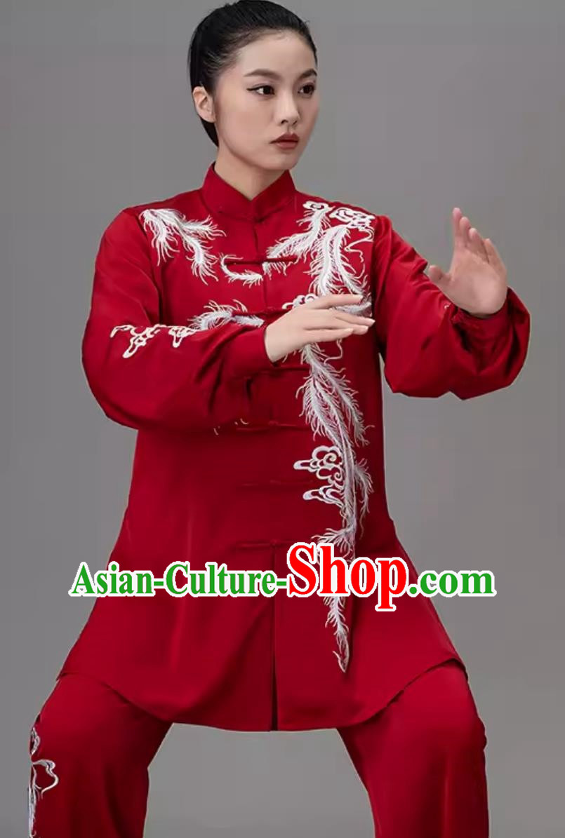 Burgundy Embroidered Phoenix Tai Chi Suit Practice Suit Tai Chi Qigong Performance Chinese Style Uniform