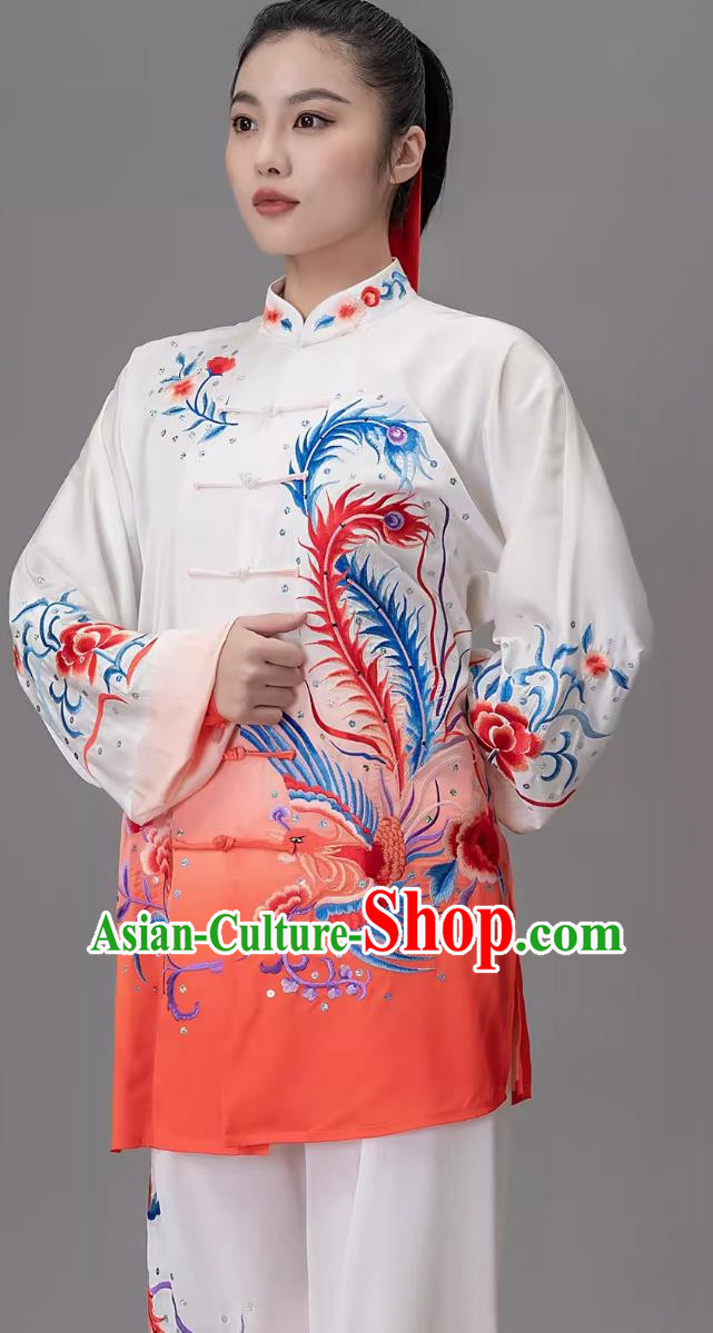Orange Gradient Embroidered Phoenix Tai Chi Suit Embroidered Performance Suit Performance Qigong Suit
