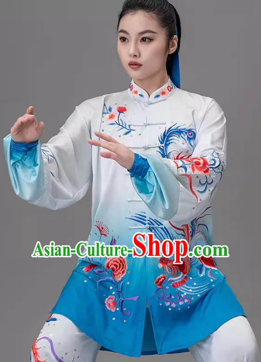 Blue Gradient Embroidered Phoenix Tai Chi Suit Embroidered Performance Suit Performance Qigong Suit
