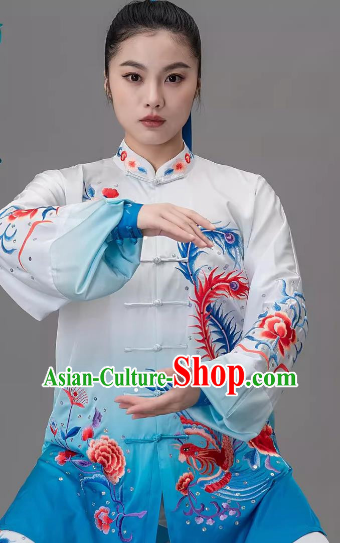Blue Gradient Embroidered Phoenix Tai Chi Suit Embroidered Performance Suit Performance Qigong Suit