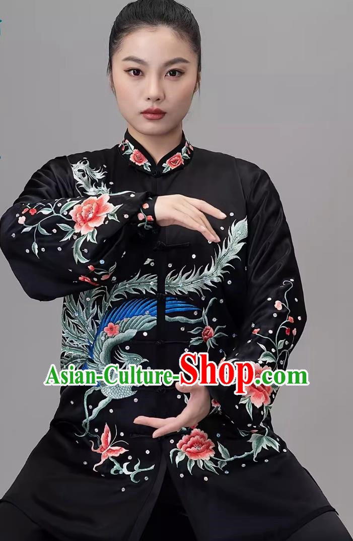 Black Embroidered Phoenix Silk Drooping And Elegant Tai Chi Suit Tai Chi Competition Practice Ba Duan Jin Suit