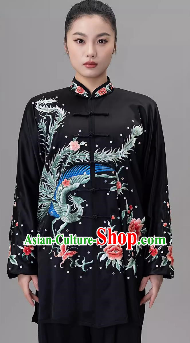 Black Embroidered Phoenix Silk Drooping And Elegant Tai Chi Suit Tai Chi Competition Practice Ba Duan Jin Set