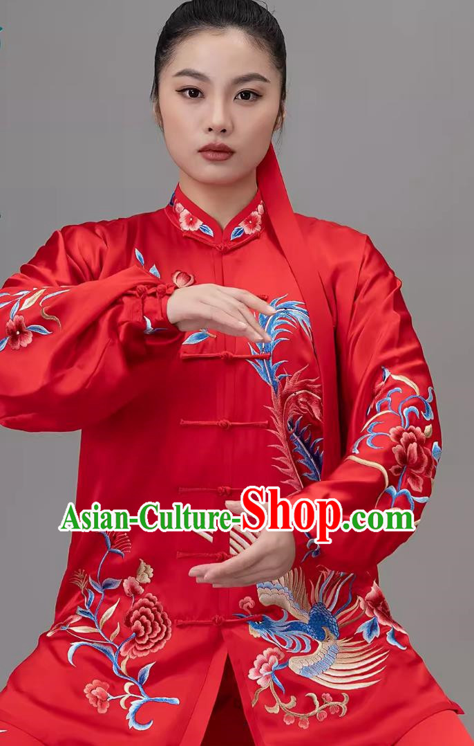 Silk Tai Chi Suit With Embroidered Phoenix For Female Training Suit Red Competition Suit