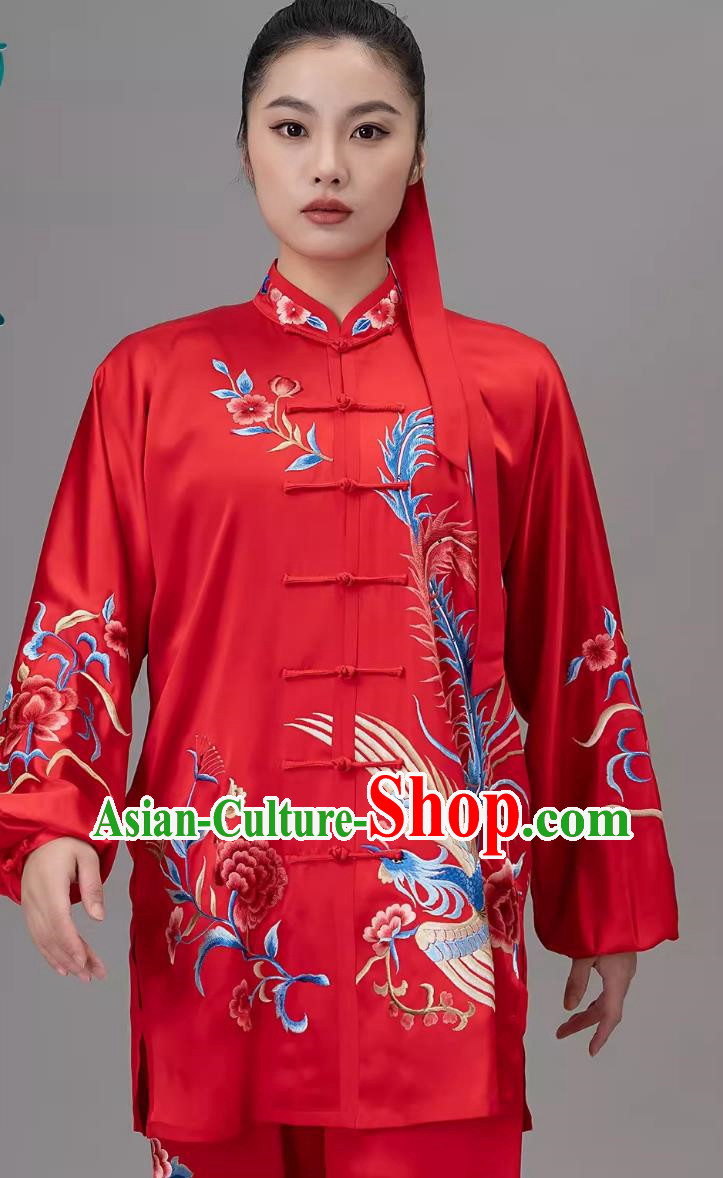 Silk Tai Chi Suit With Embroidered Phoenix For Female Training Suit Red Competition Suit