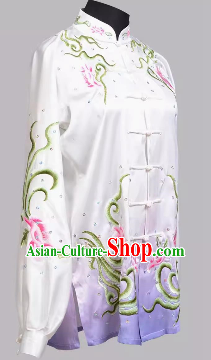 Tai Chi Suit Purple Gradient Sequin Embroidered Long Sleeved Traditional Performance Suit Team Practice Suit