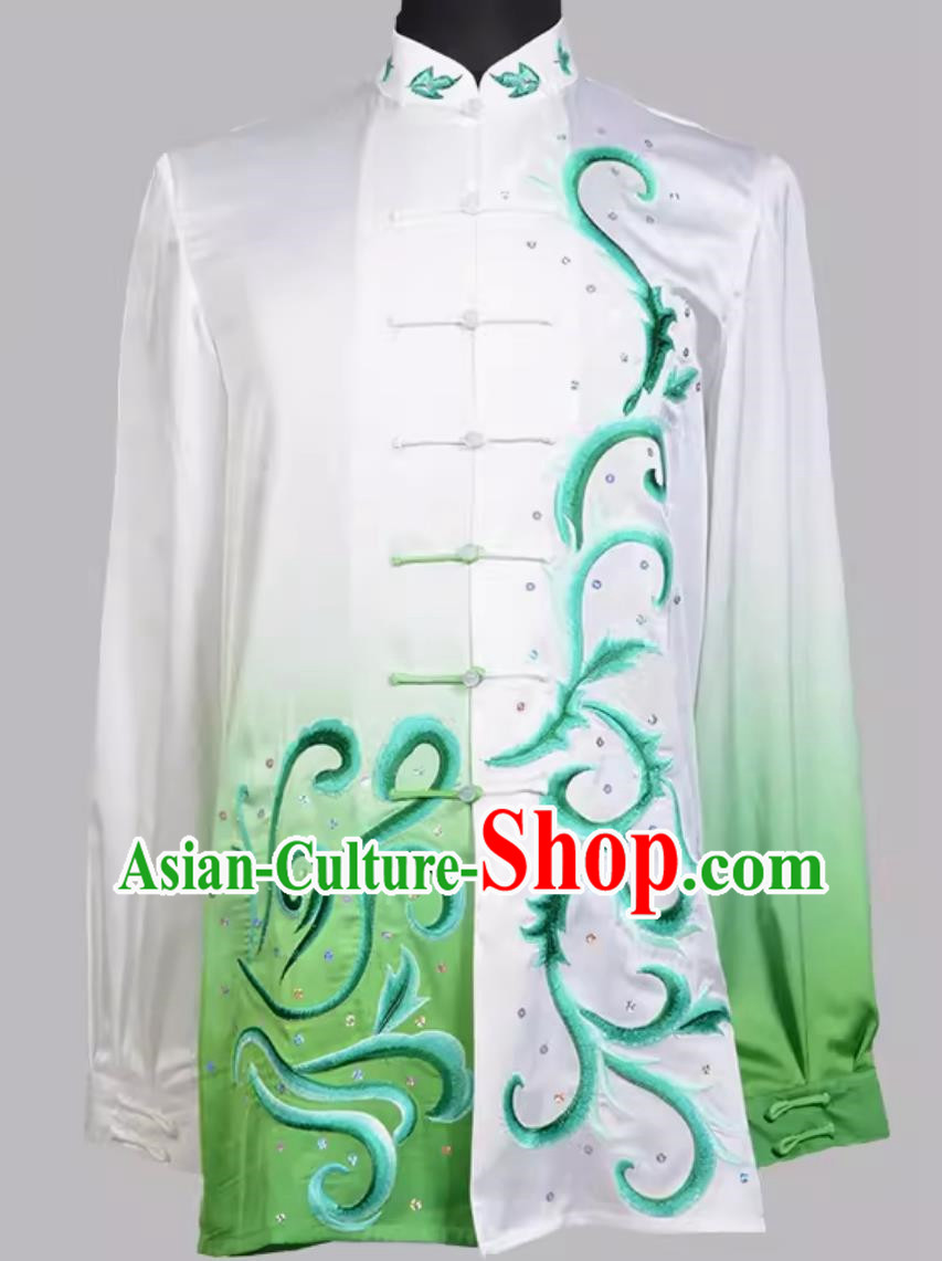 Gradient Color Long Sleeved Tai Chi Performance Costume Embroidered With Sequins