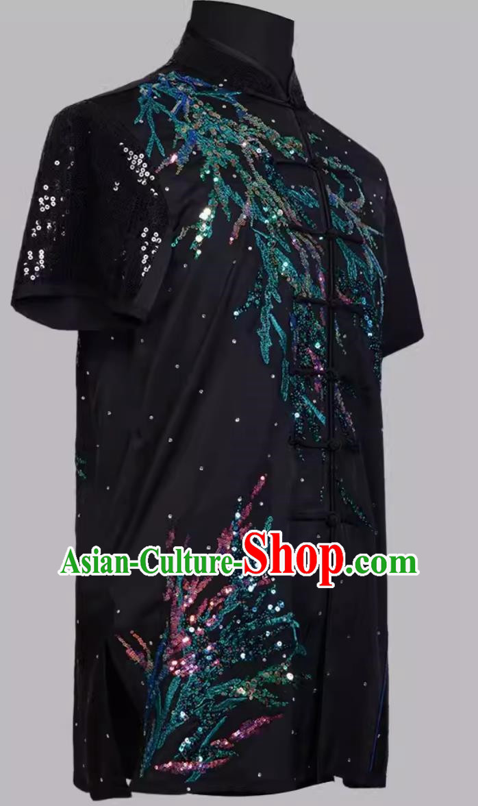 Martial Arts Uniform Sequin Embroidered Black Imitation Silk Competition Uniform Suit