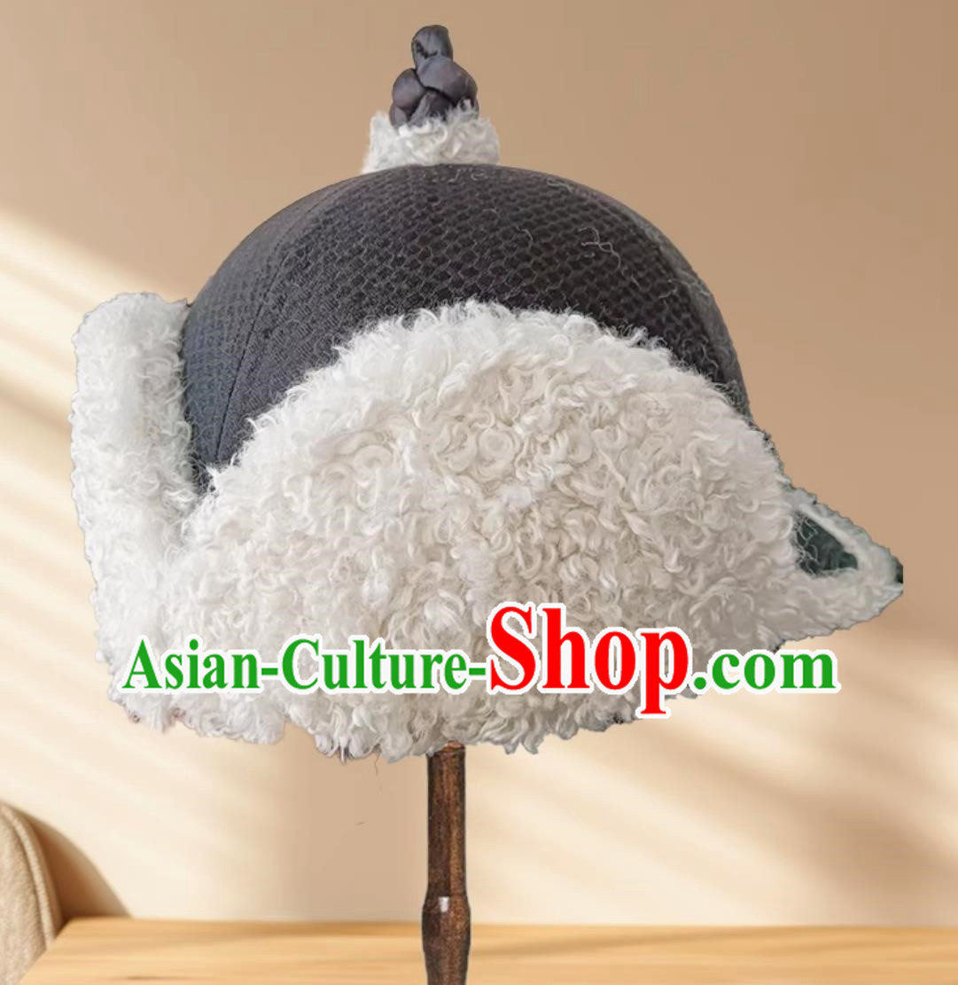 Gray Children Mongolian Fur Hat Ethnic Style Plus Cotton Hat Inner Mongolia Girls Lamb Wool Hat