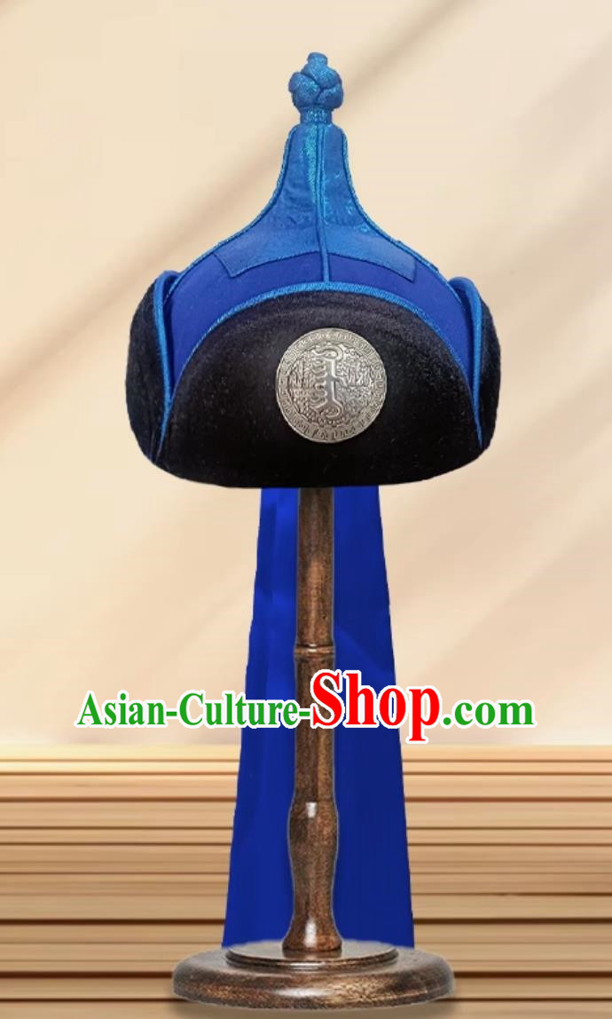 Blue Men Mongolian Hat Ethnic Style Dance Performance Ancient Crown Prince Hat Headwear