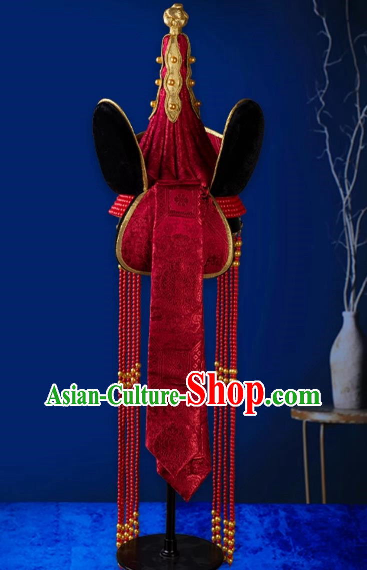 Mongolian Wedding Headdress Hat Princess Hat Heavy Industry Ethnic Dance Performance Female Bride Red Hair Accessories