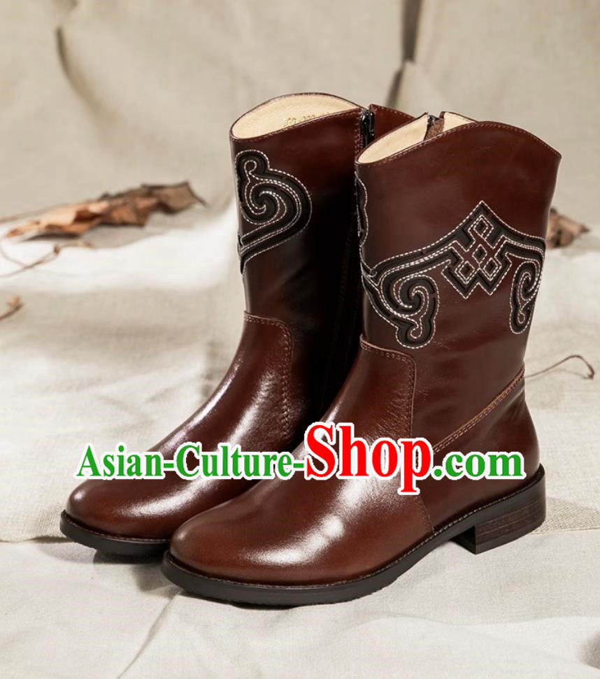 Mongolian Women Pure Leather Dance Performance Test Boots For Ethnic Minorities Medium High Martin Boots High Heels Burgundy