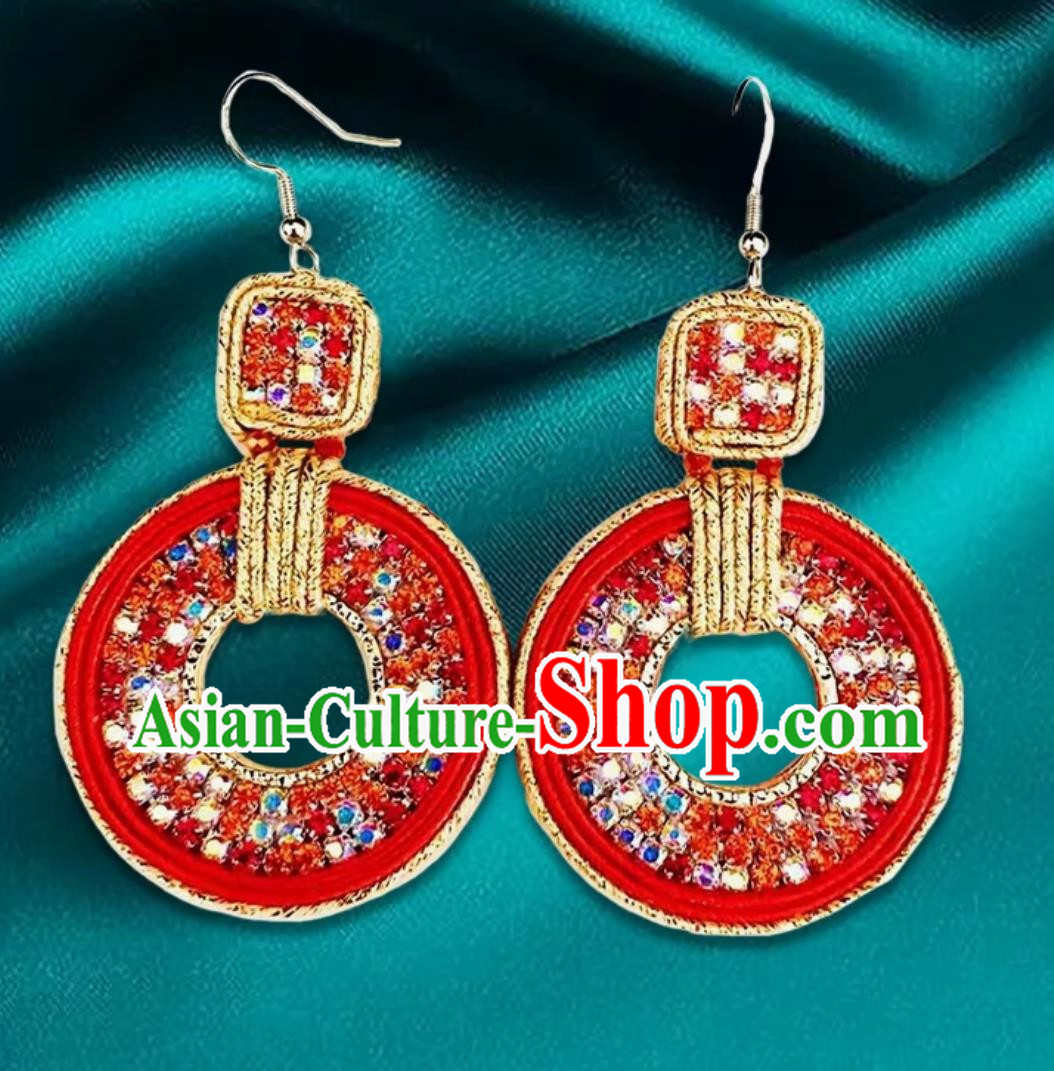 Red Mongolian Fashion Geometric Diamond Ethnic Style Earrings Women Earrings Exotic Style Ear Clips