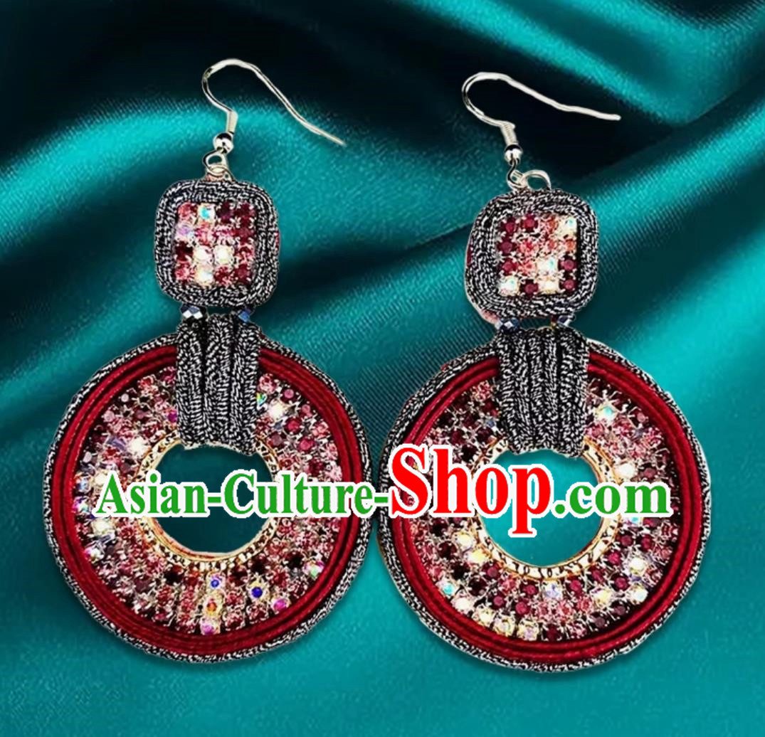 Burgundy Mongolian Fashion Geometric Diamond Encrusted Ethnic Style Earrings Women Earrings Exotic Style Ear Clips