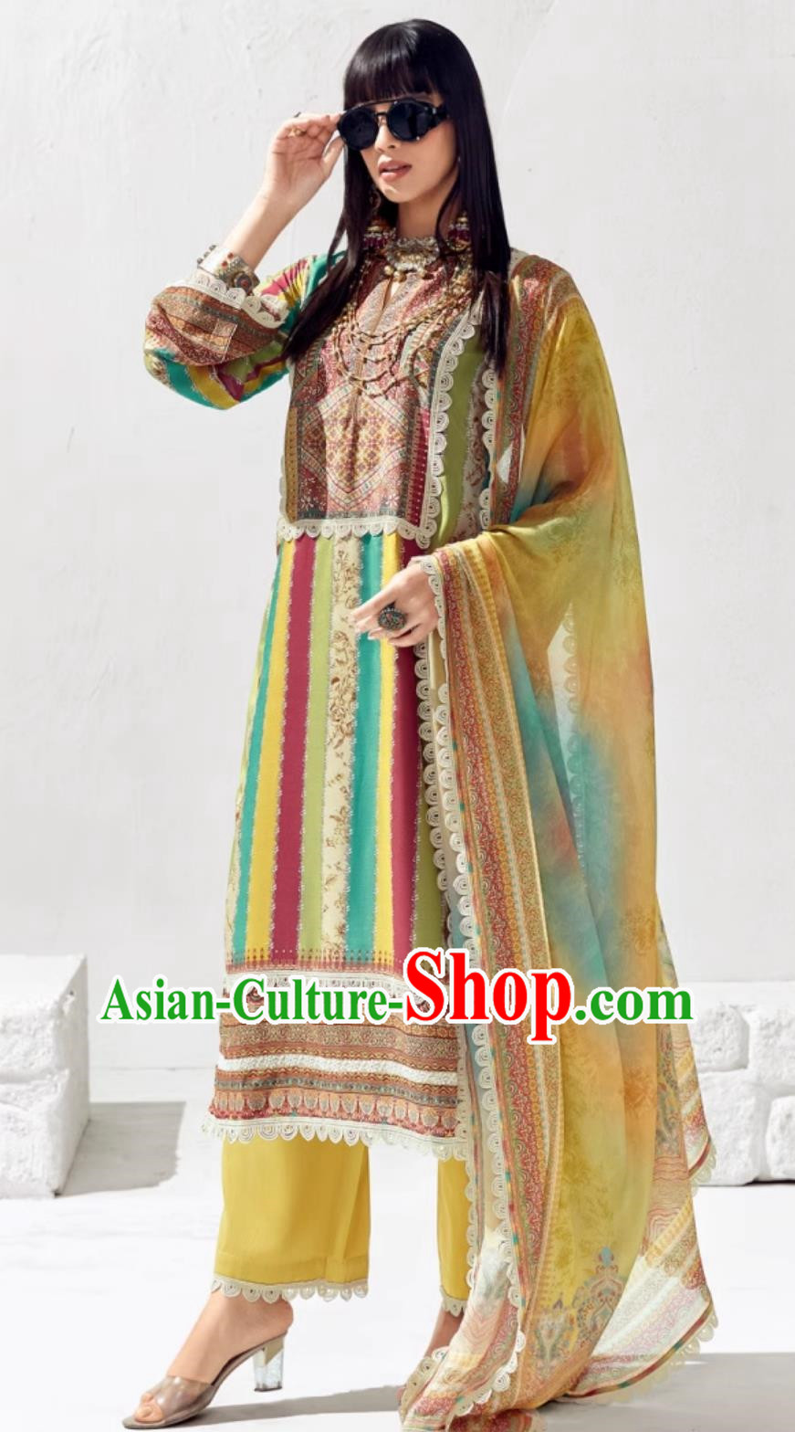 Indian Panchabi Yellow Three Piece Suit Tailored Exotic Women Clothing