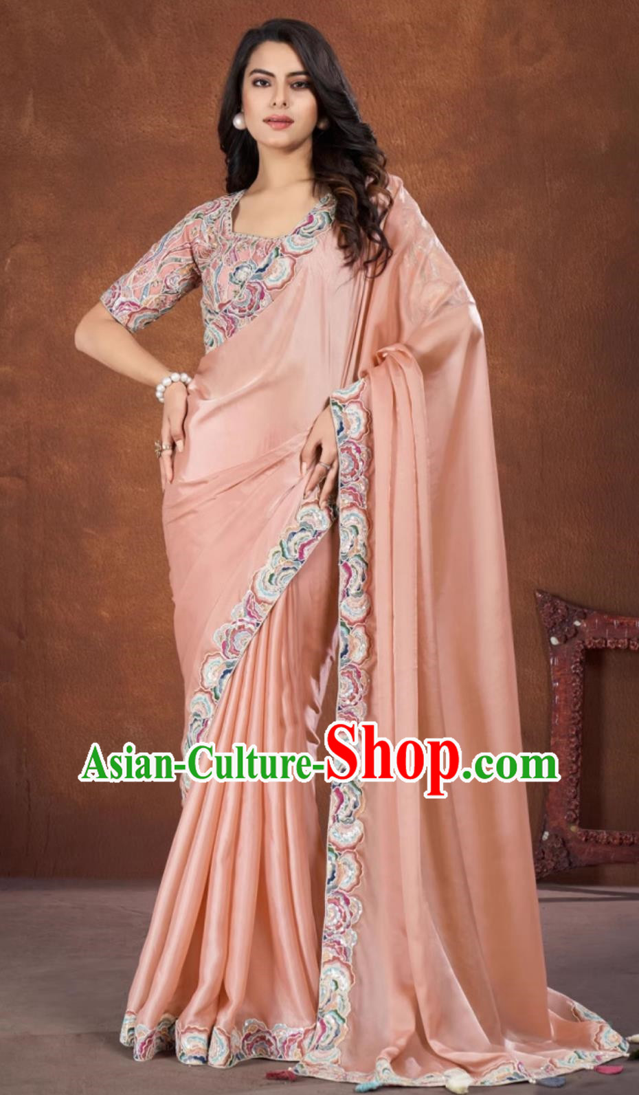 Pink Embroidered National Indian Saree With Diamonds Features Traditional Festival Party Women Wrap Skirt Sari