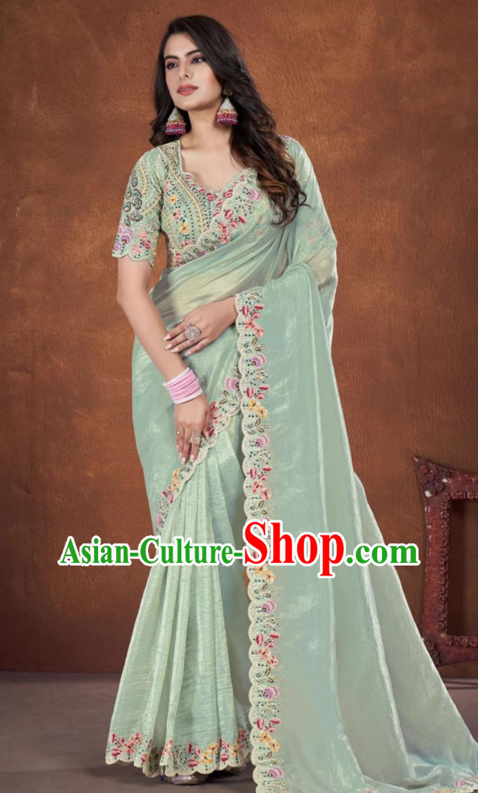 Light Green Embroidered National Indian Saree With Diamonds Features Traditional Festival Party Women Wrap Skirt Sari