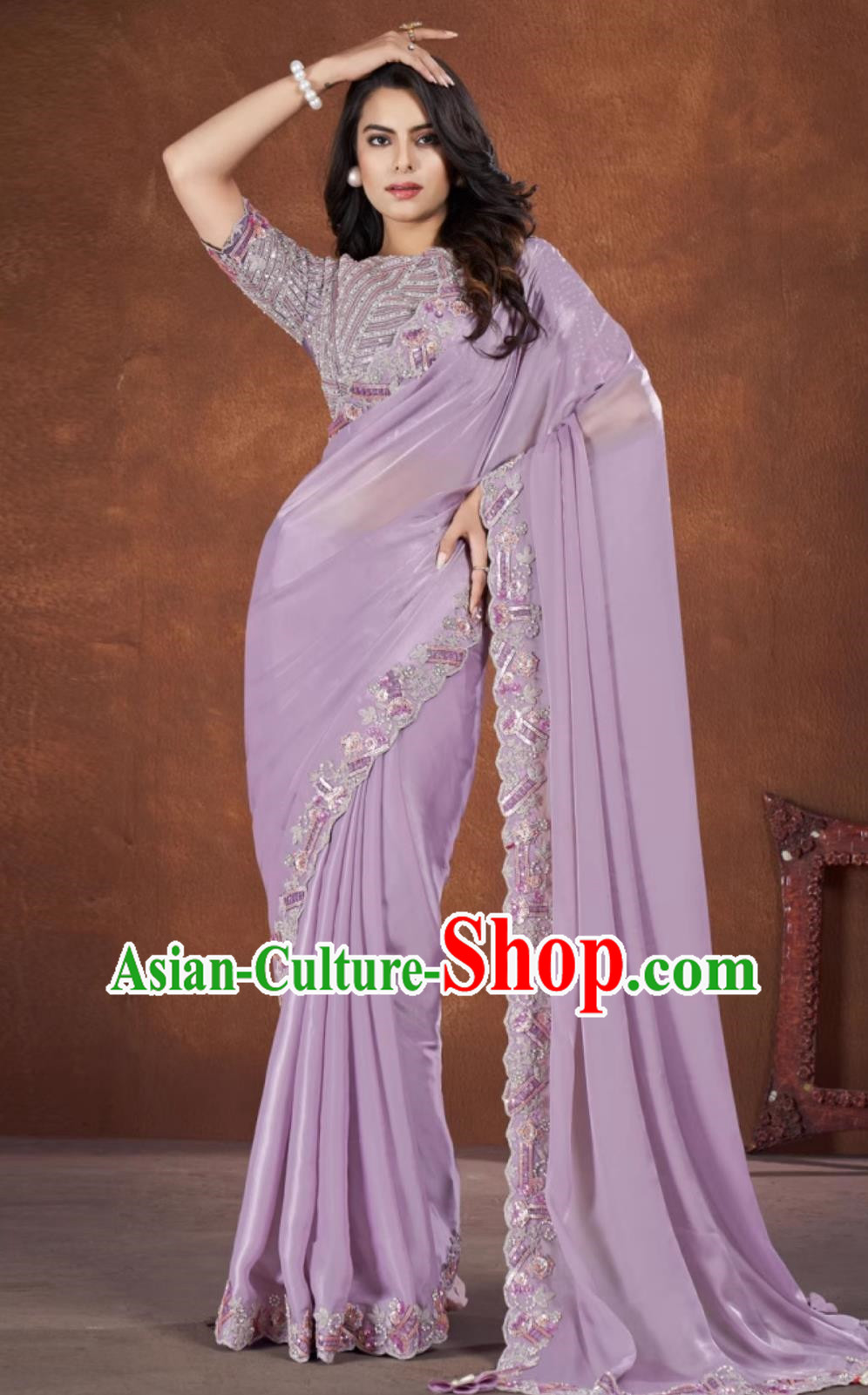 Light Purple Embroidered National Indian Saree With Diamonds Features Traditional Festival Party Women Wrap Skirt Sari