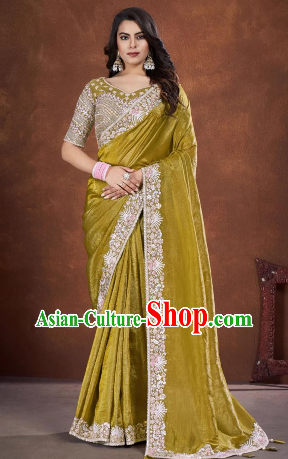 Ginger Embroidered National Indian Saree With Diamonds Features Traditional Festival Party Women Wrap Skirt Sari