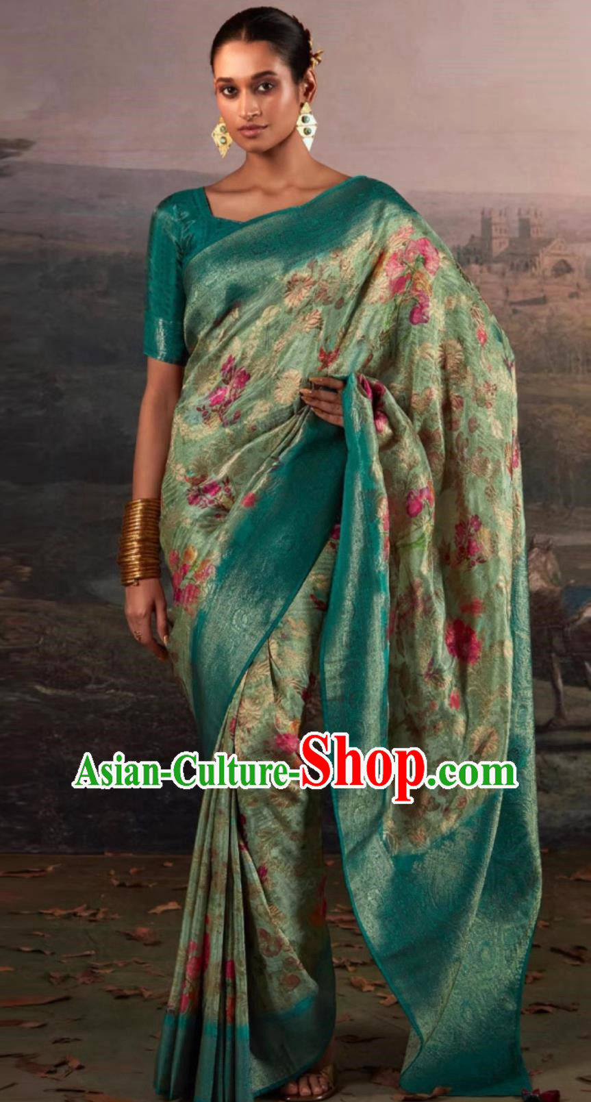 Dark Green Indian Saree Features Traditional Silk Print National Ladies Wrap Skirt Sari Daily Festival Wear