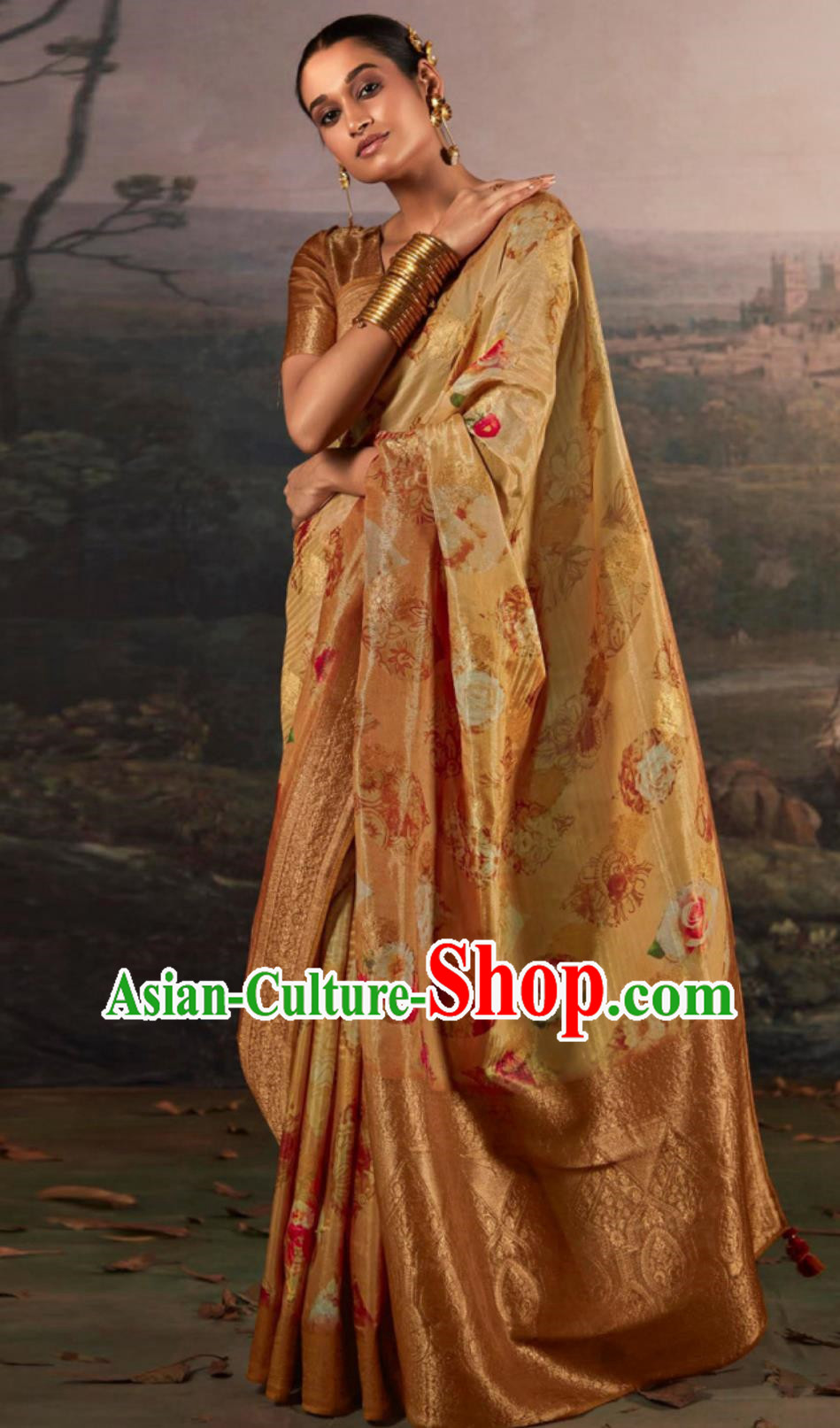 Ginger Indian Saree Features Traditional Silk Print Ethnic Wrap Skirt Sari For Ladies Daily Festive Wear