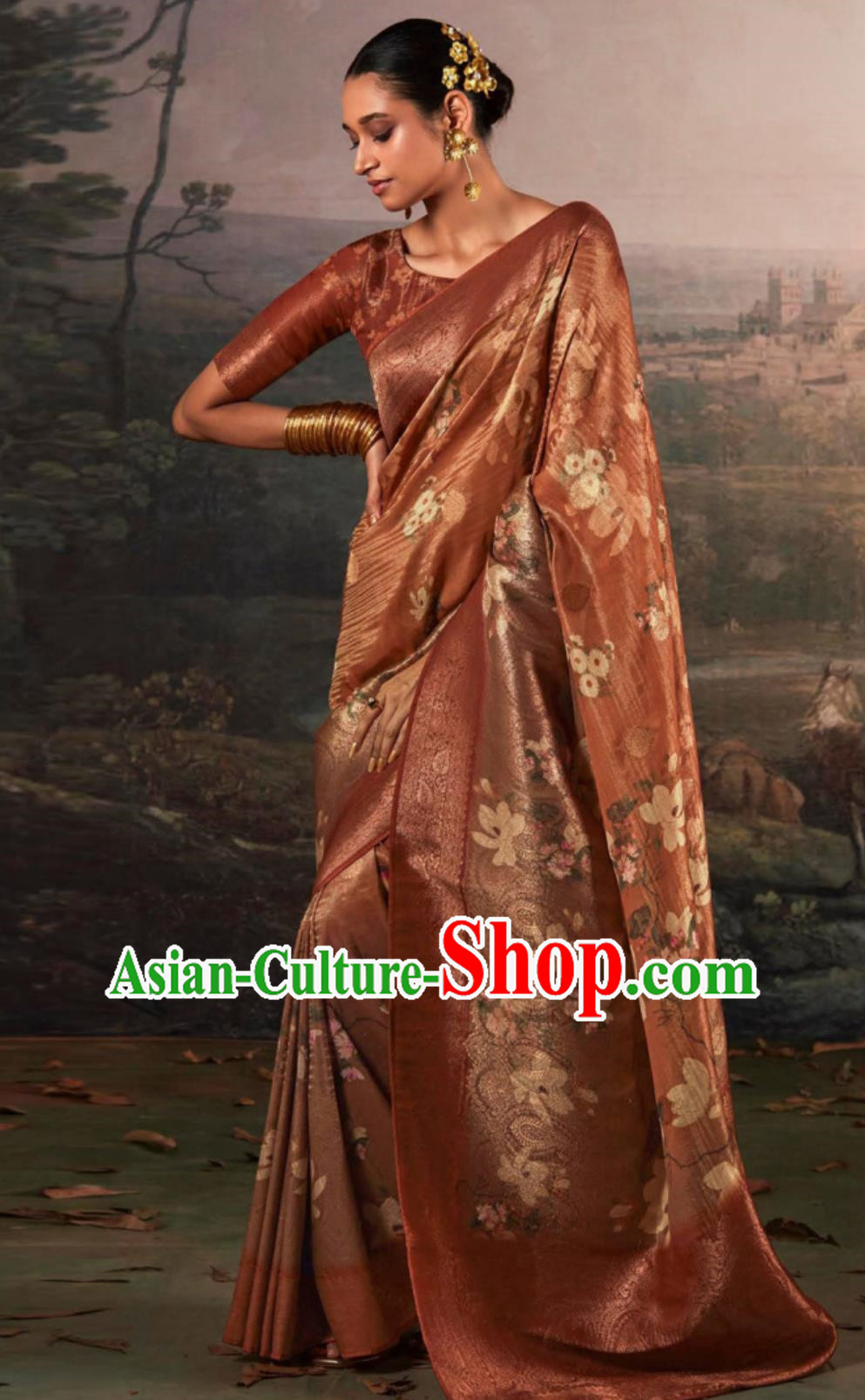 Rust Red Indian Saree Features Traditional Silk Print National Ladies Wrap Skirt Sari Daily Festival Wear