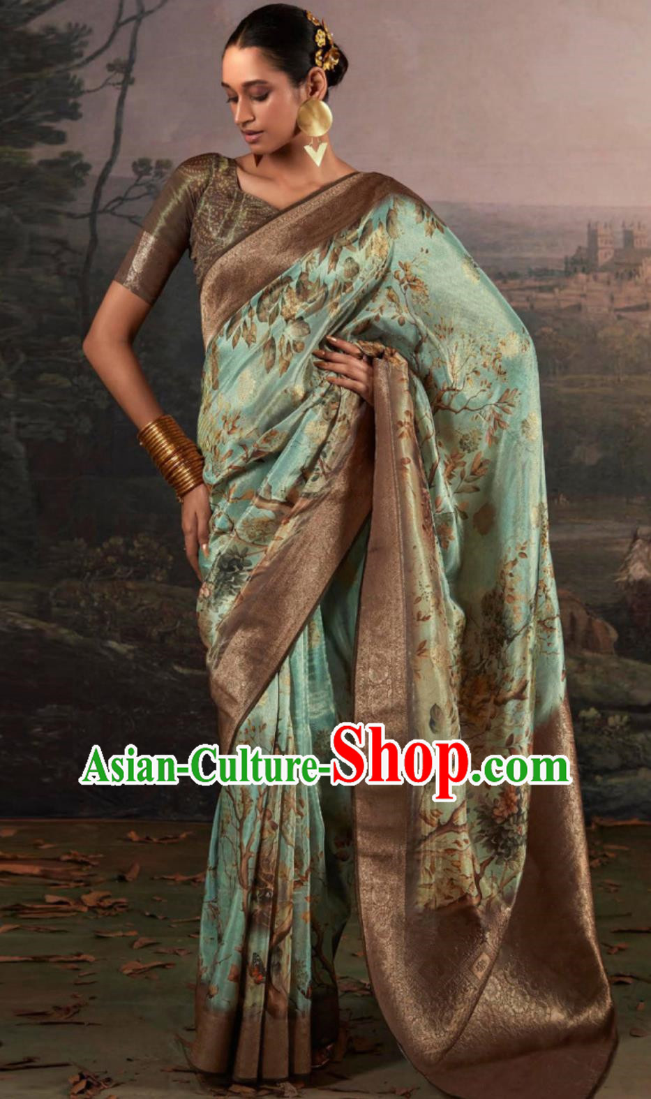 Light Green Indian Saree Features Traditional Silk Print National Ladies Wrap Skirt Sari Daily Festival Outfit