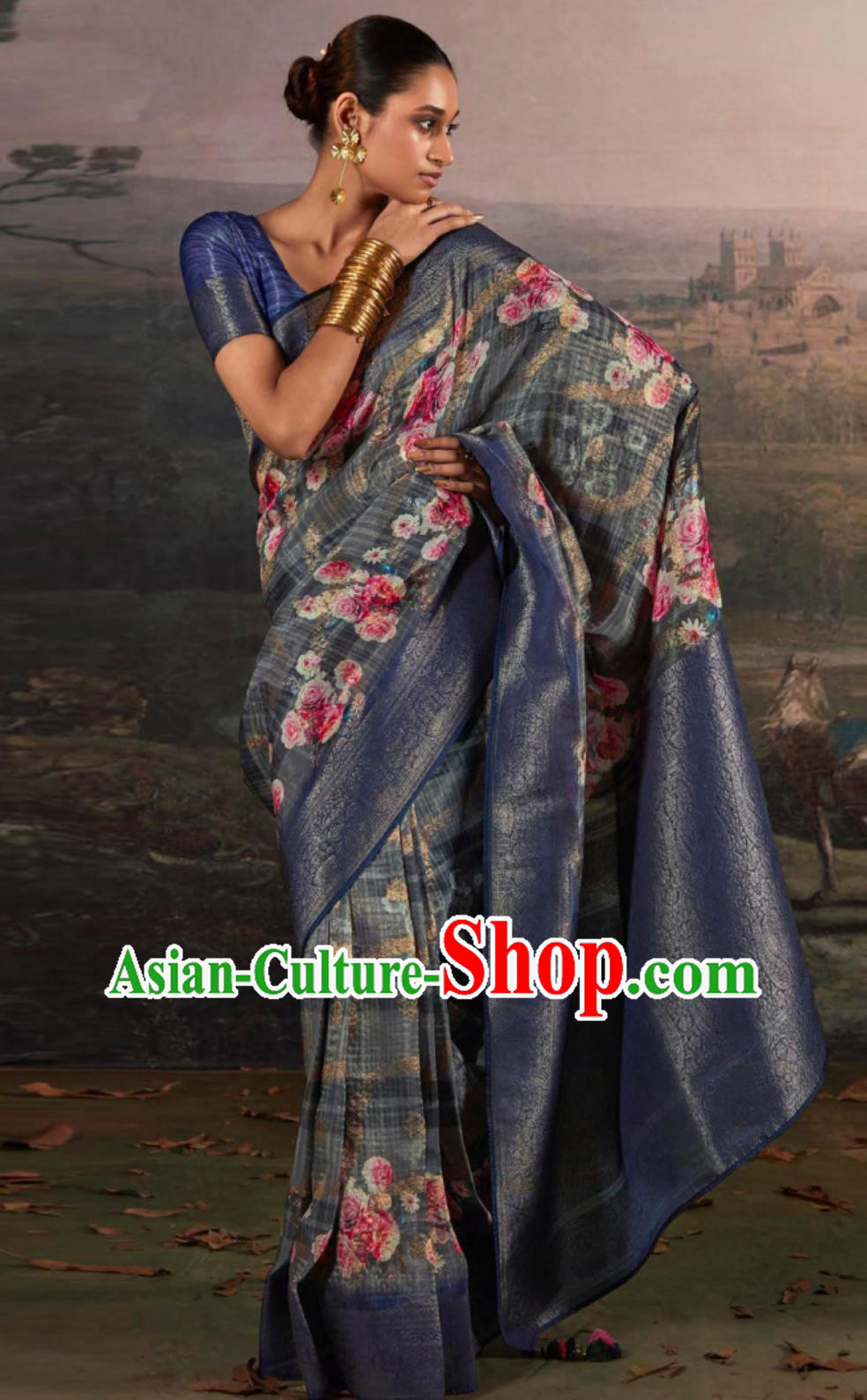 Navy Blue Indian Saree Features Traditional Silk Printed National Women Wrap Skirt Sari Daily Festival Wear