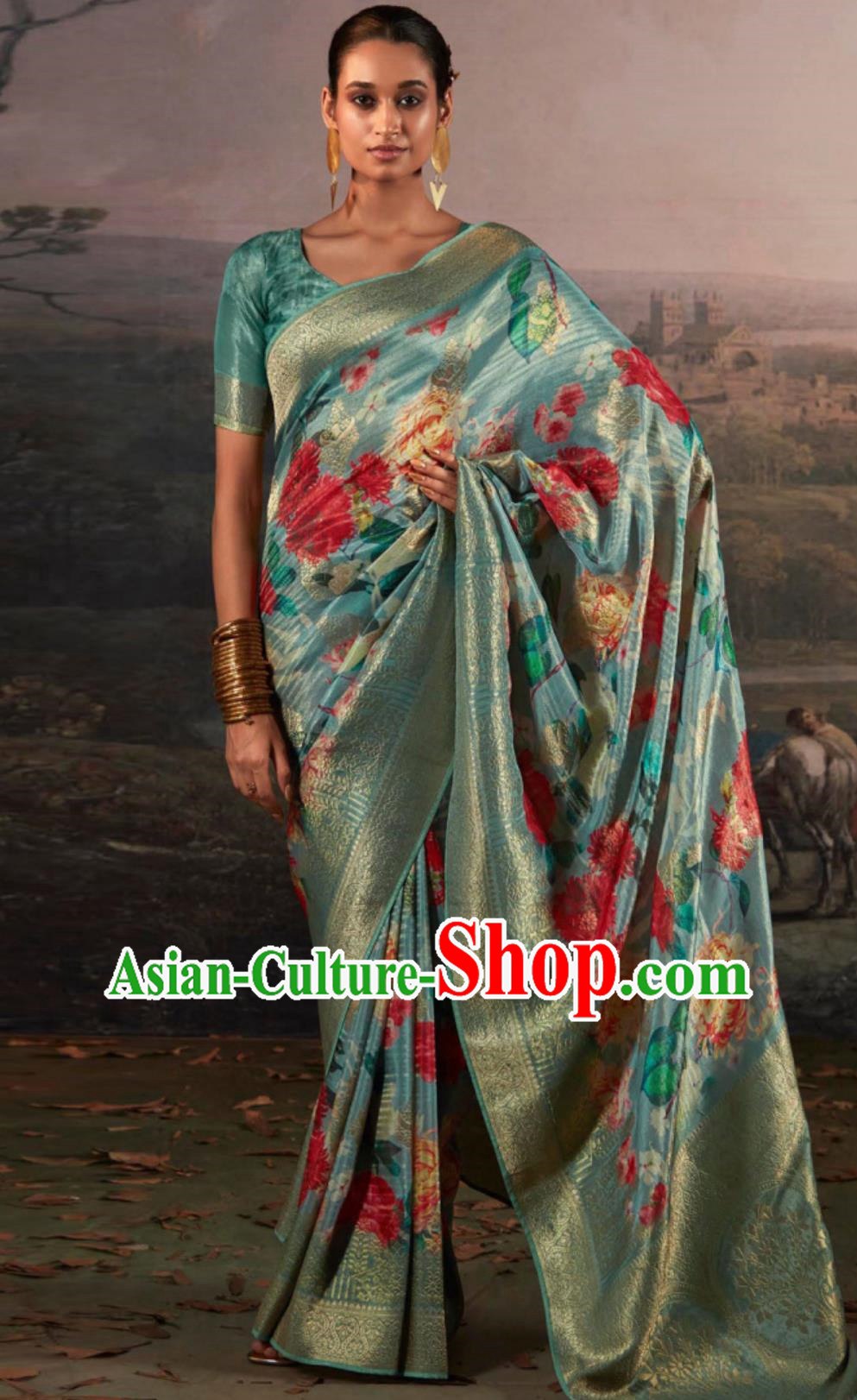 Sky Blue Indian Saree Features Traditional Silk Print National Ladies Wrap Dress Daily Festive Wear