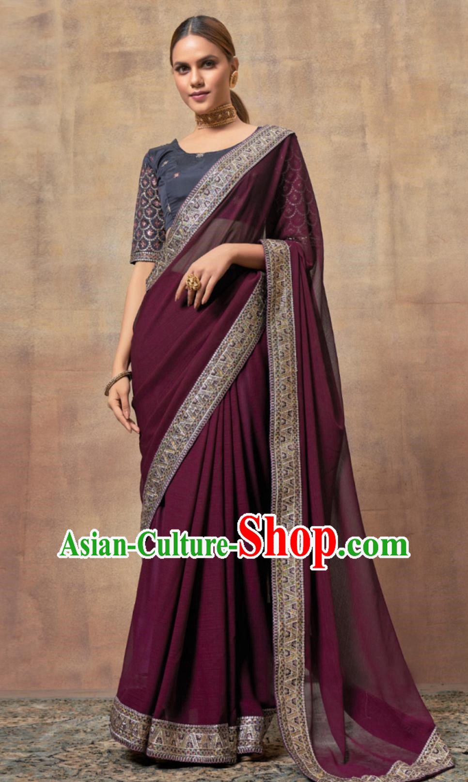 Indian Saree National Women Purple Red Green Wrap Skirt Sari Embroidery