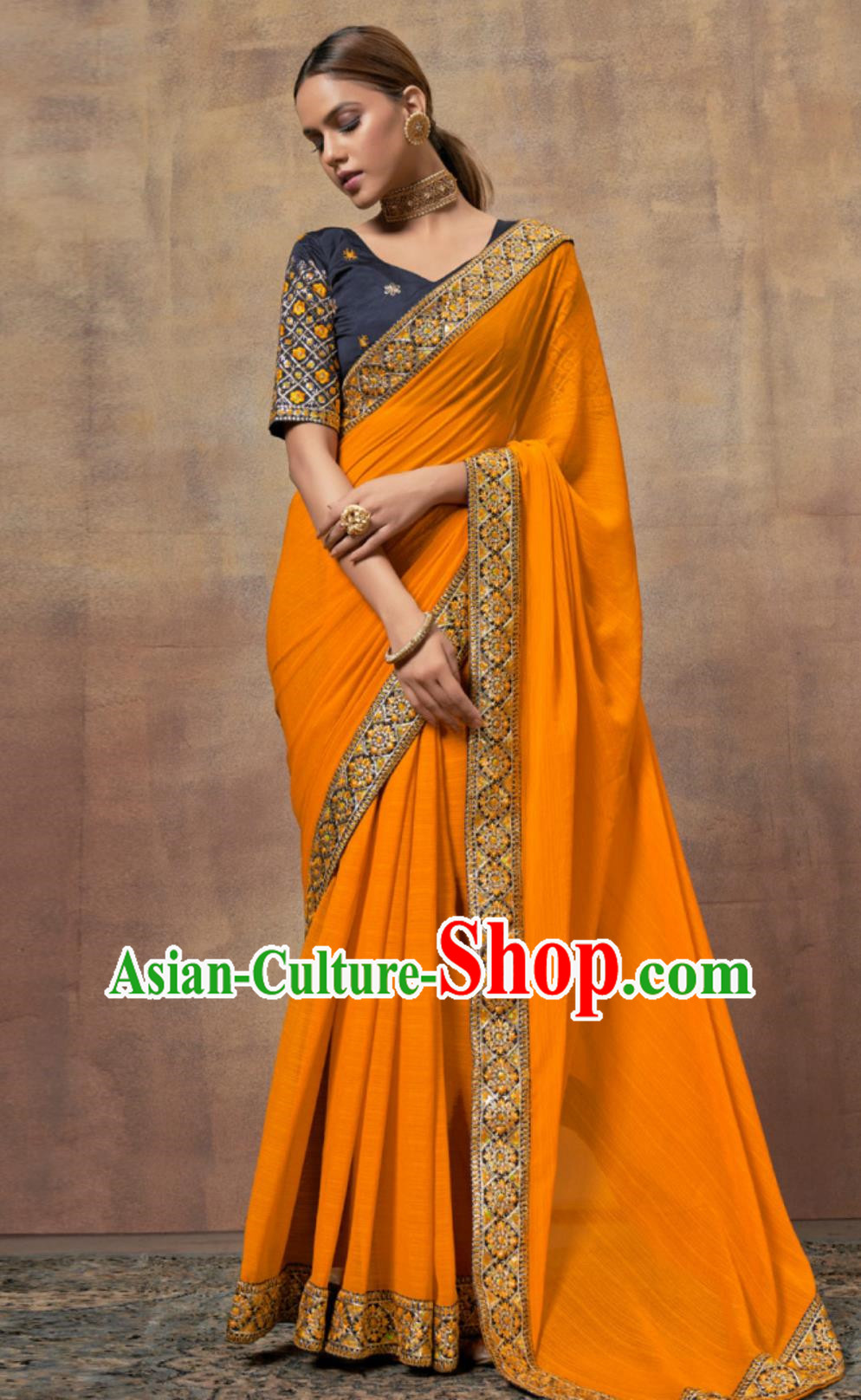 Indian Saree National Women Orange Wrap Skirt Sari Embroidery