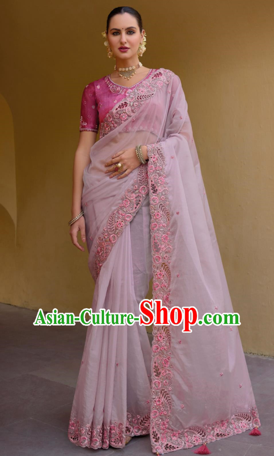 Hollow Embroidery Indian Saree National Women Pink Wrap Skirt Sari Festival Party Outfit