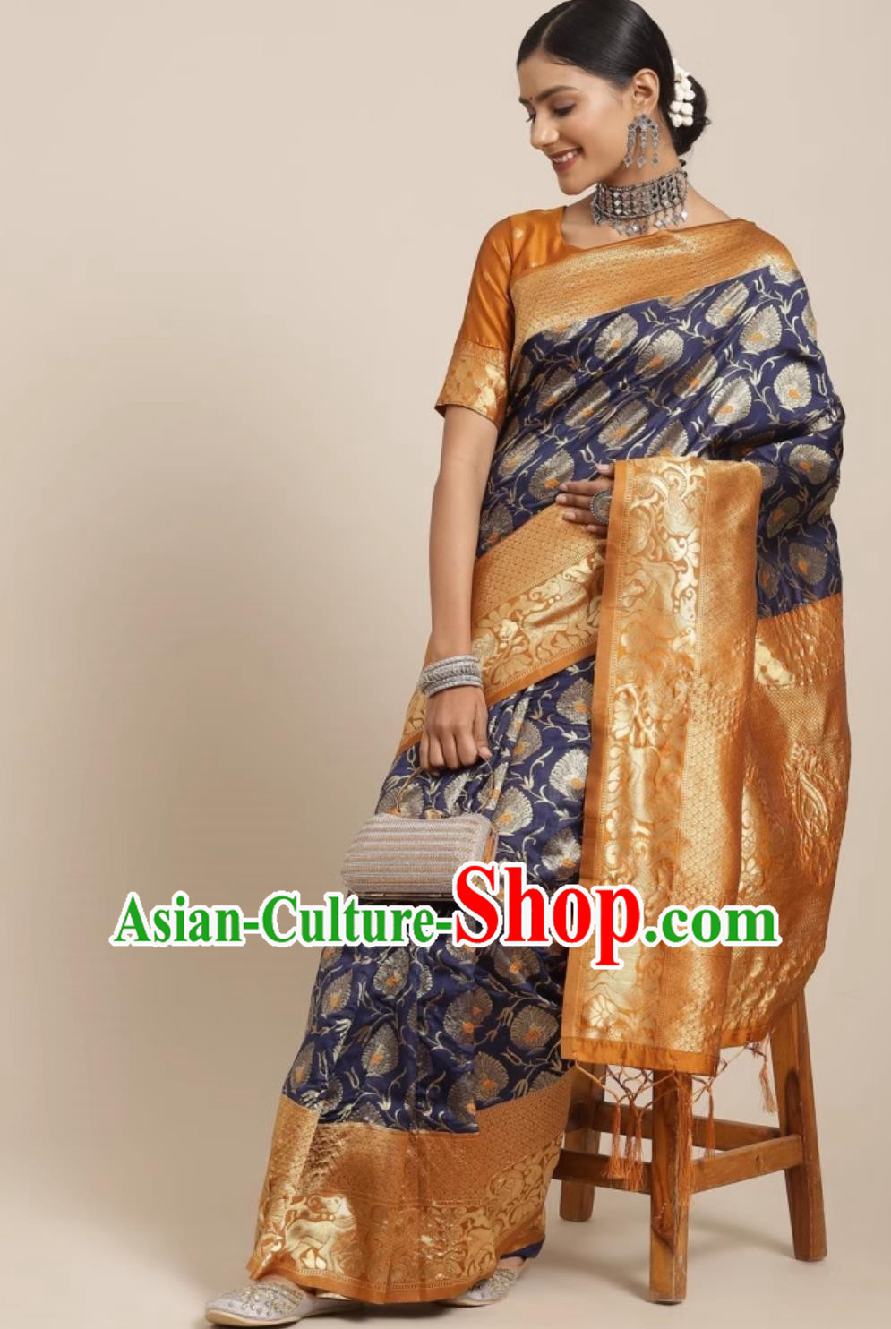 Indian Saree Navy Silk Blend National Jacquard Traditional Women Wrap Skirt Sari Festival Party Wear