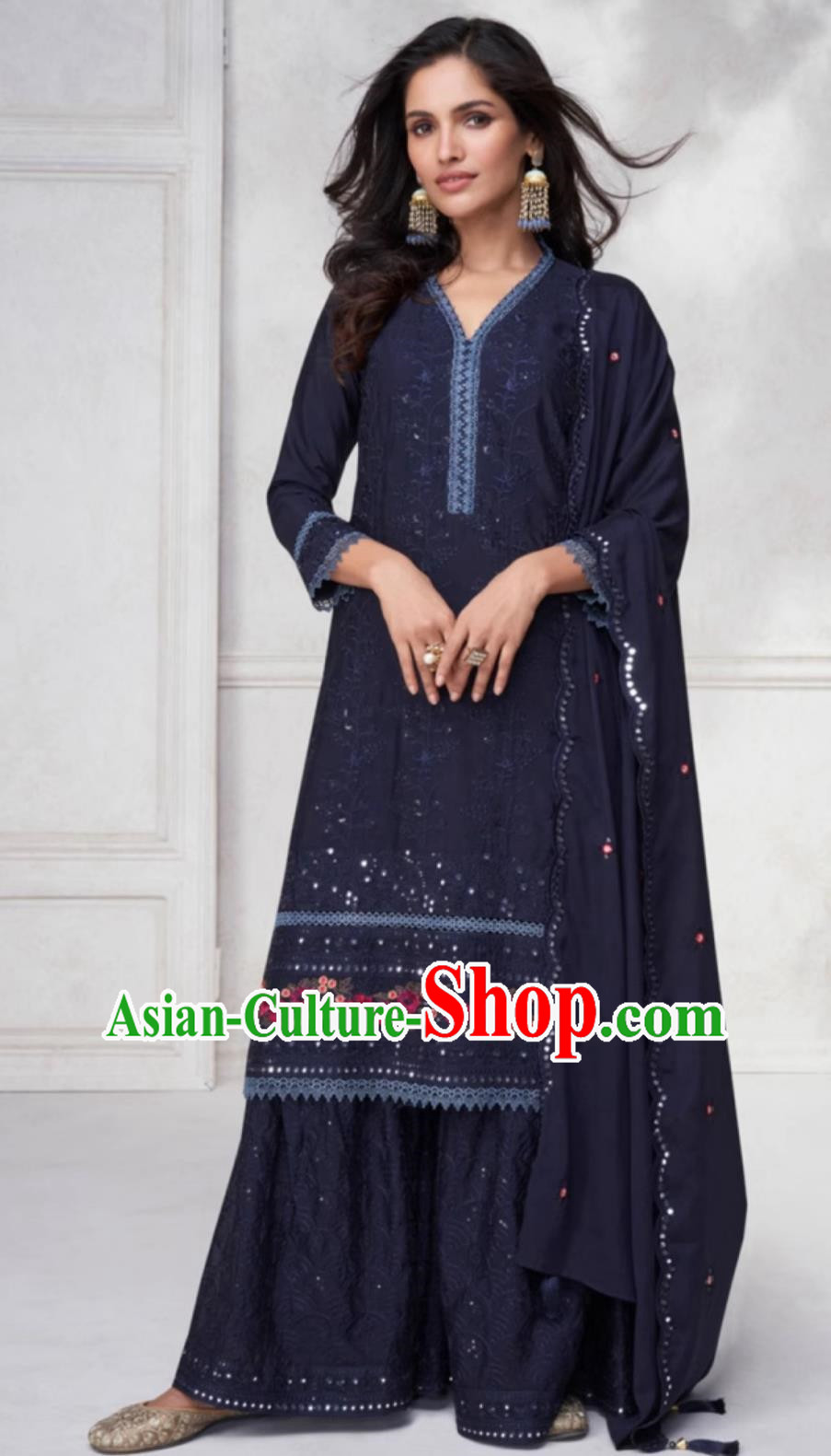 Navy Blue Indian Panchabi Three Piece National Embroidered Traditional Women Clothing