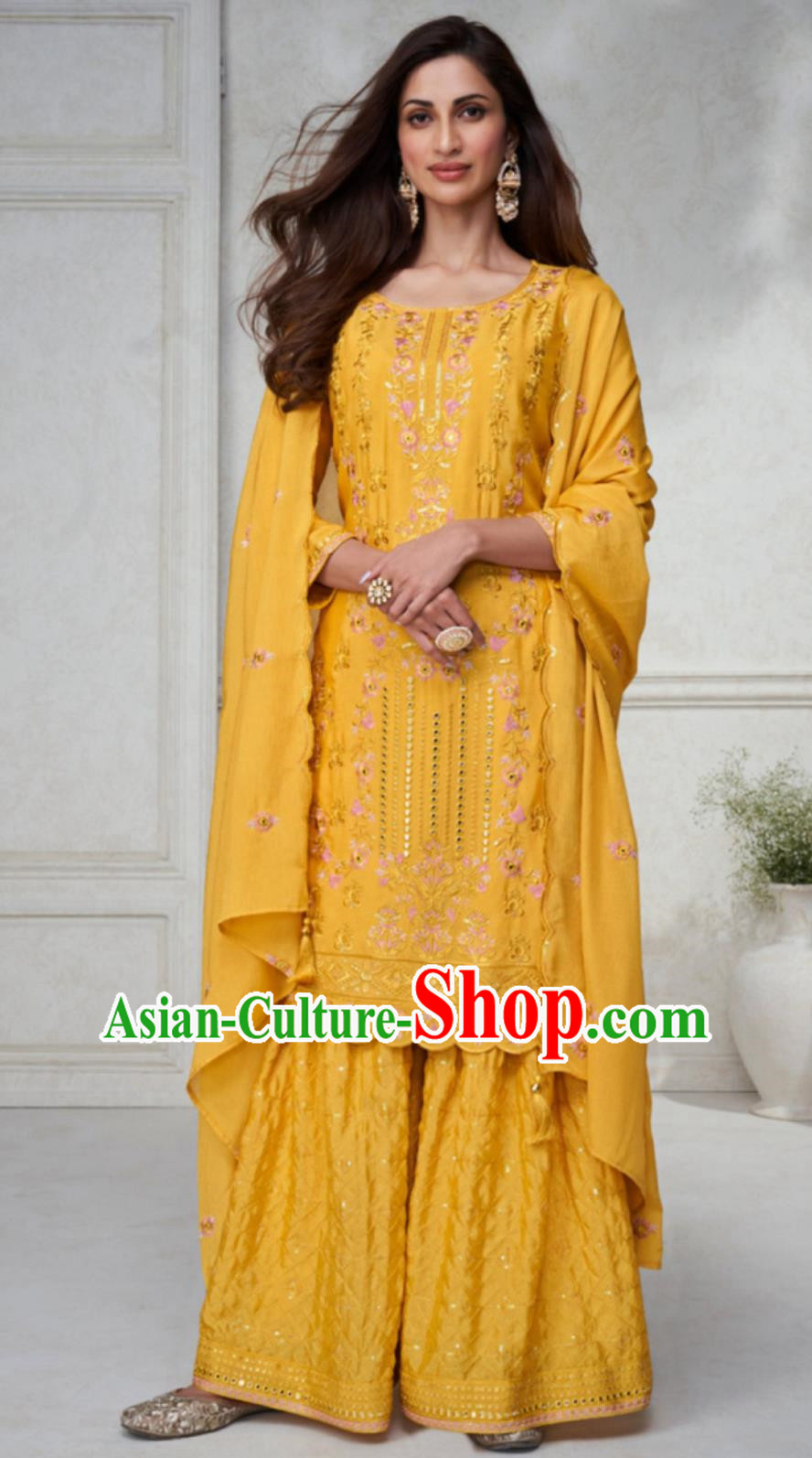 Yellow Indian Parajabi Three Piece National Embroidered Traditional Women Clothes