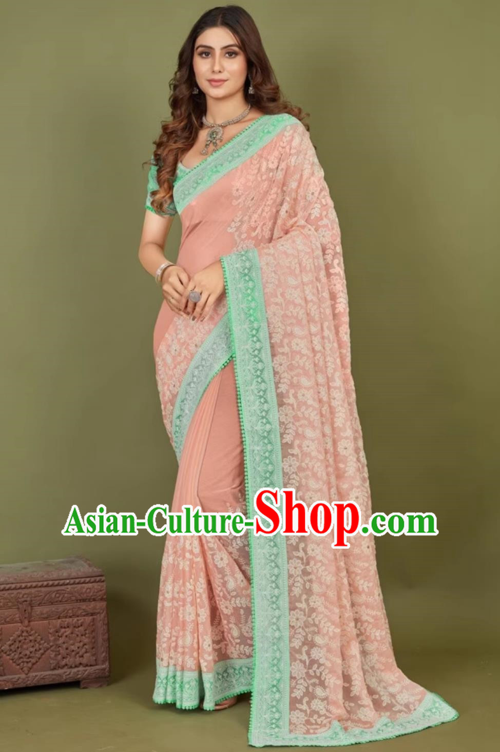 Peach Pink Chiffon Indian Saree Embroidered National Ladies Wrap Skirt Sari