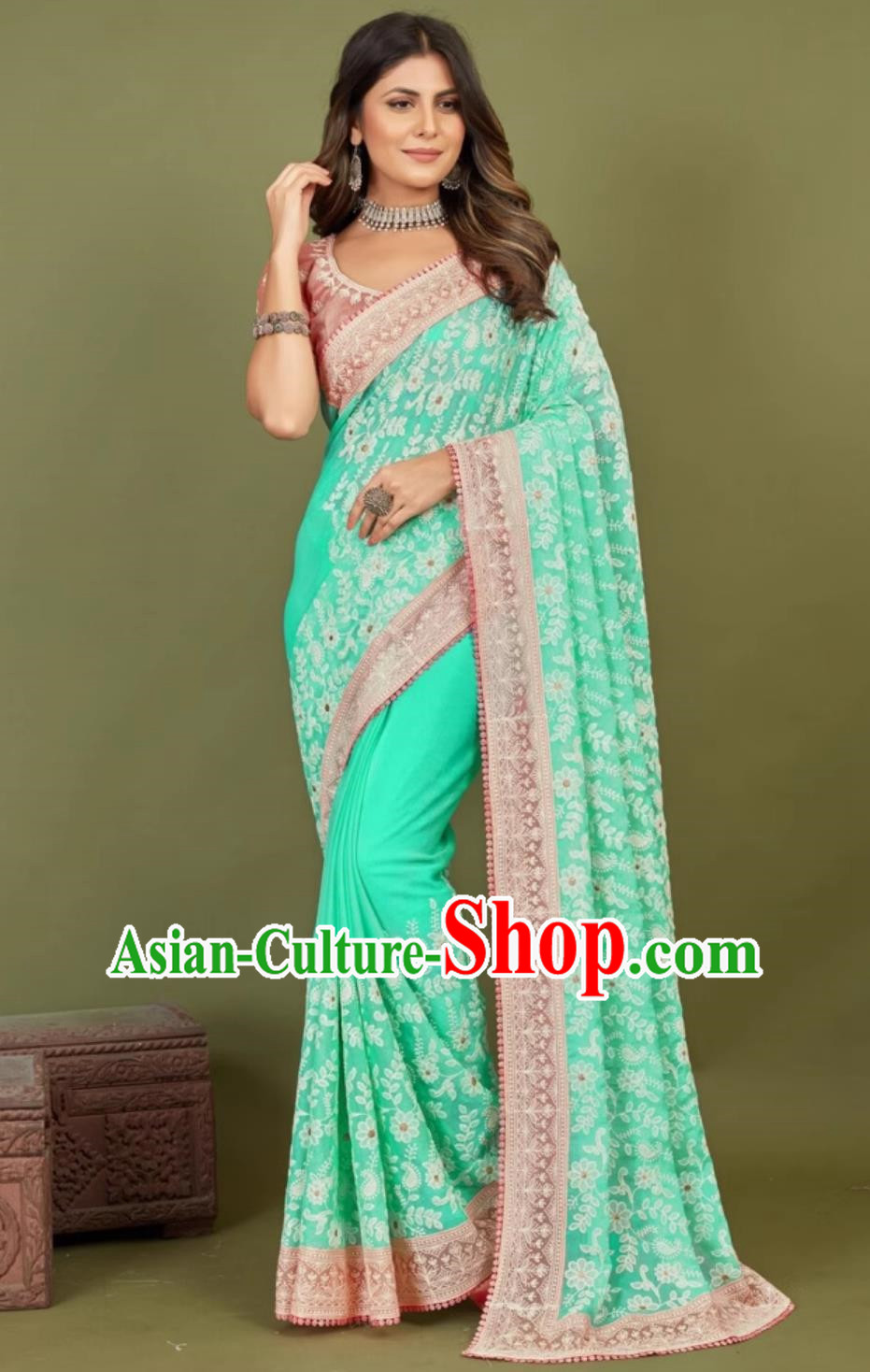 Lake Green Chiffon Indian Sari Embroidered National Ladies Wrap Skirt Sari