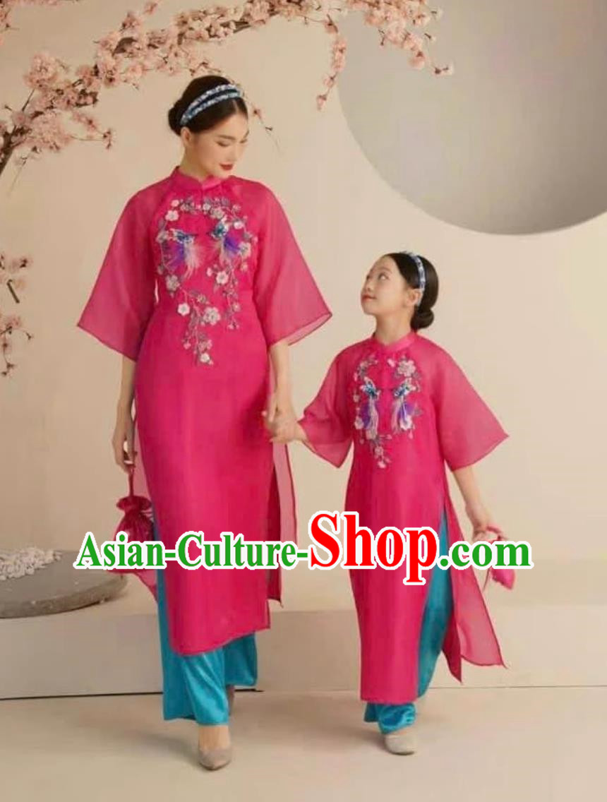 Vietnamese Ao Dai Children Clothing Parent Child Wear Cheongsam Stage Wear Performance Clothing Embroidered Slit Two Piece Set