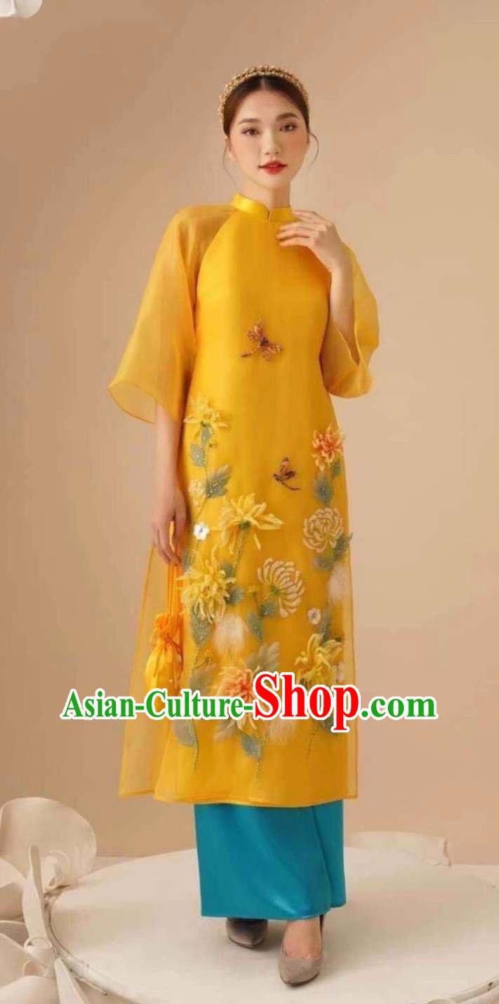 Vietnamese Ao Dai Loose Fitting Wide Leg Pants Two Piece Set Embroidered Yellow Stand Up Collar Organza Clothing