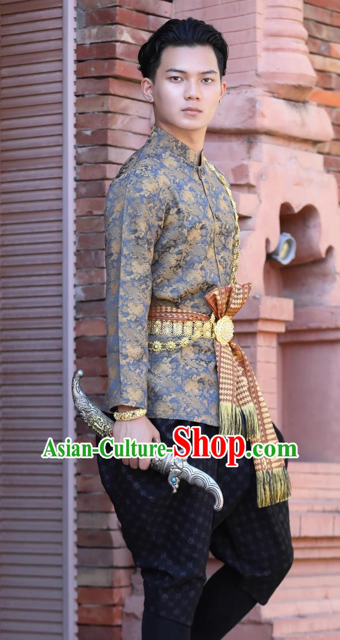 Thai Traditional Men Brown Suit Palace Retro Clothing Welcome Work Clothes