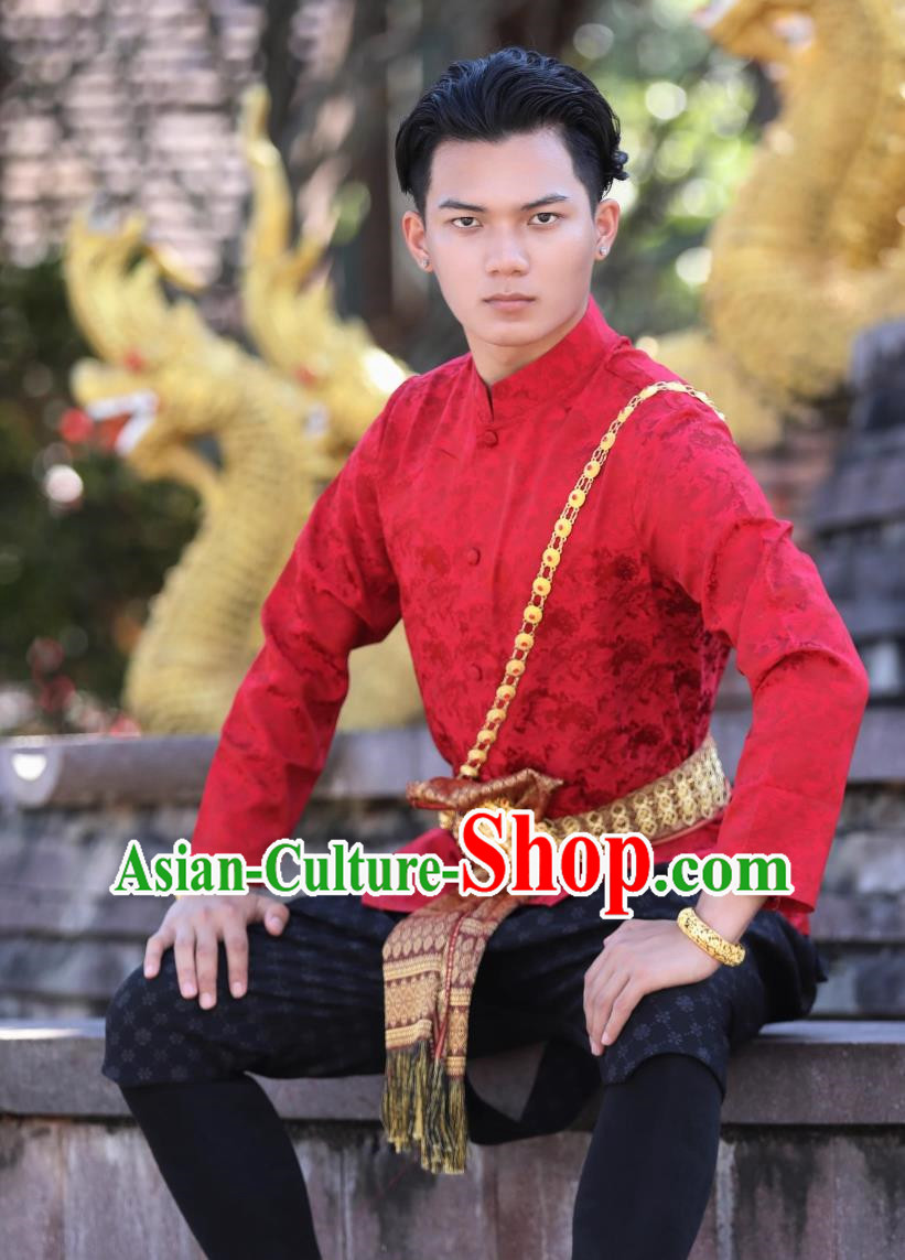 Thai Traditional Male Red Suit Palace Retro Clothing Welcome Work Clothes