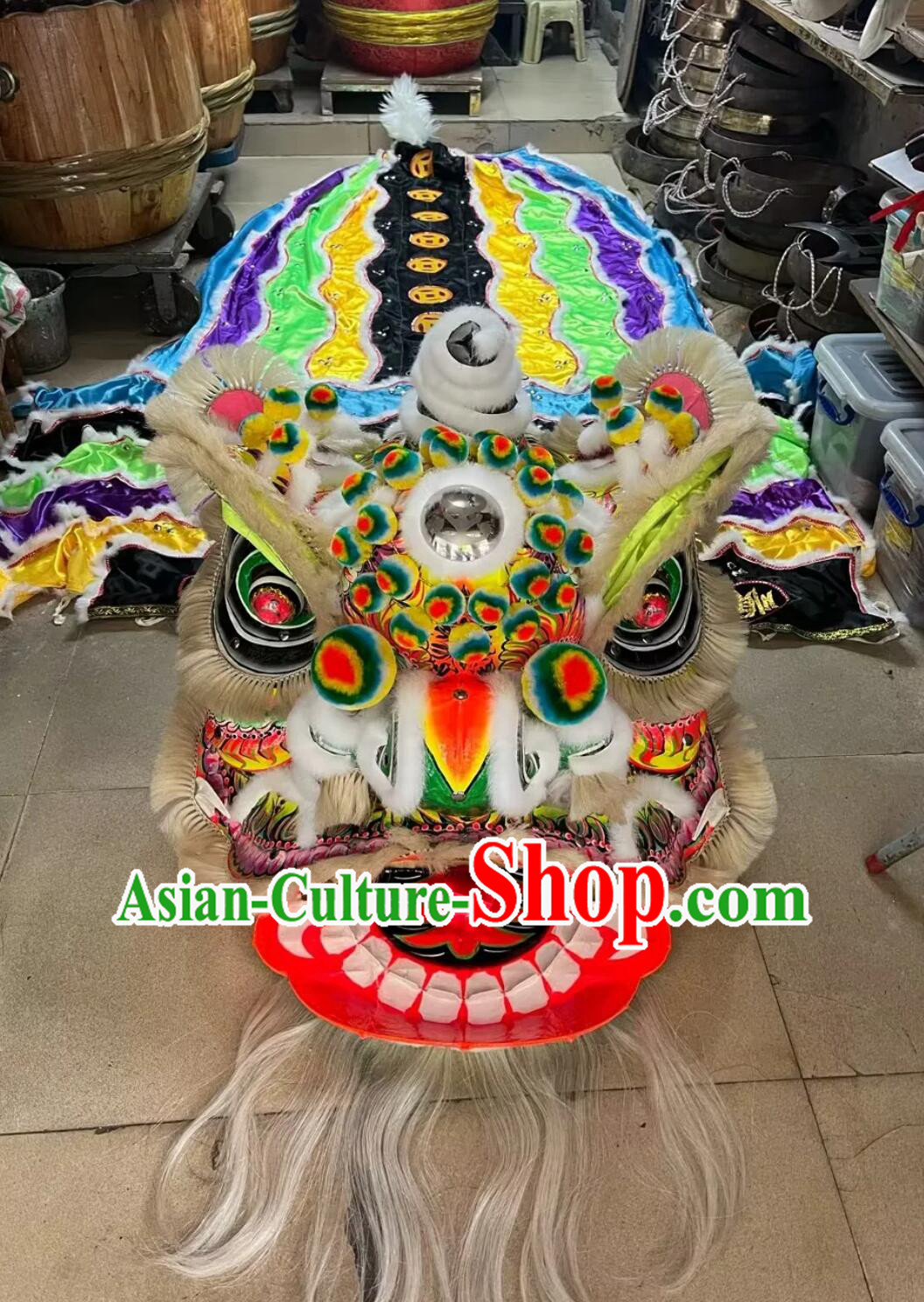 Professional Dancing Lion Handmade White Fur Fut San Dance Lion Chinese Traditional Liu Bei Lion Head Costumes Complete Set