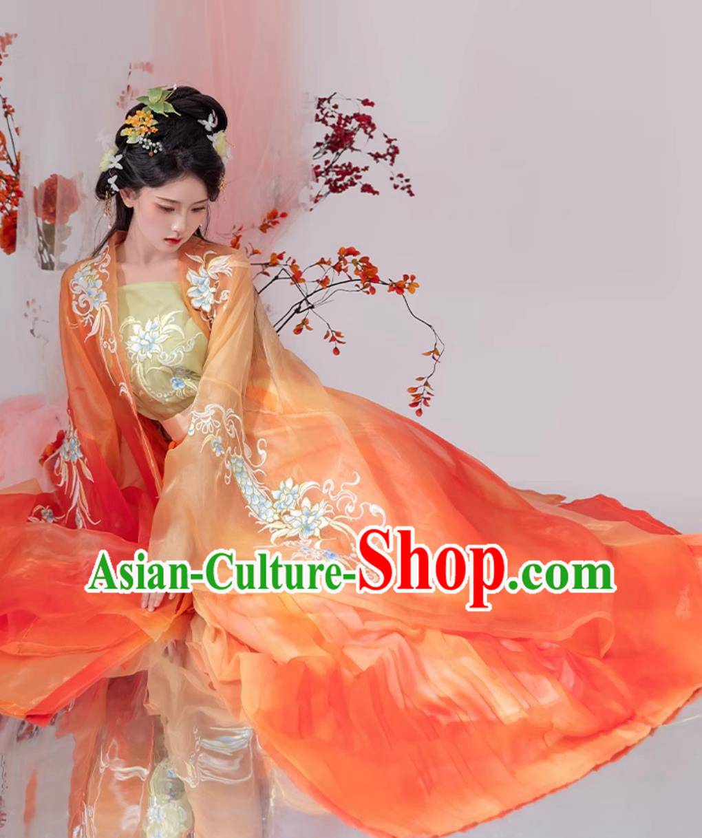 Chinese Woman Orange Dress Ancient Princess Costumes Traditional Hanfu Clothing