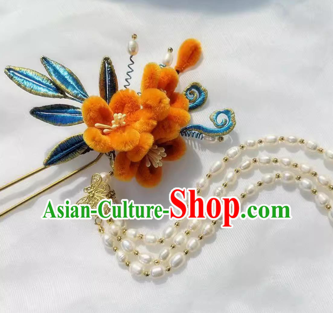 Handmade Hair Jewelry Orange Velvet Flower Hairpin Wrapped Flowers Hanfu Hair Stick Chinese Pearl Tassel Bu Yao Step Shaking Headpiece