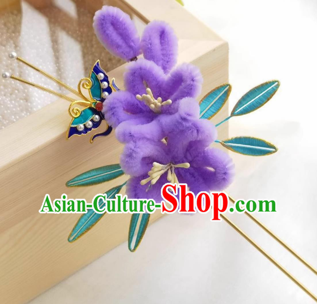 Handmade Hair Jewelry Chinese Hanfu Purple Velvet Flower Hairpin Wrapped Plum Blossom Hair Stick Traditional Headpiece
