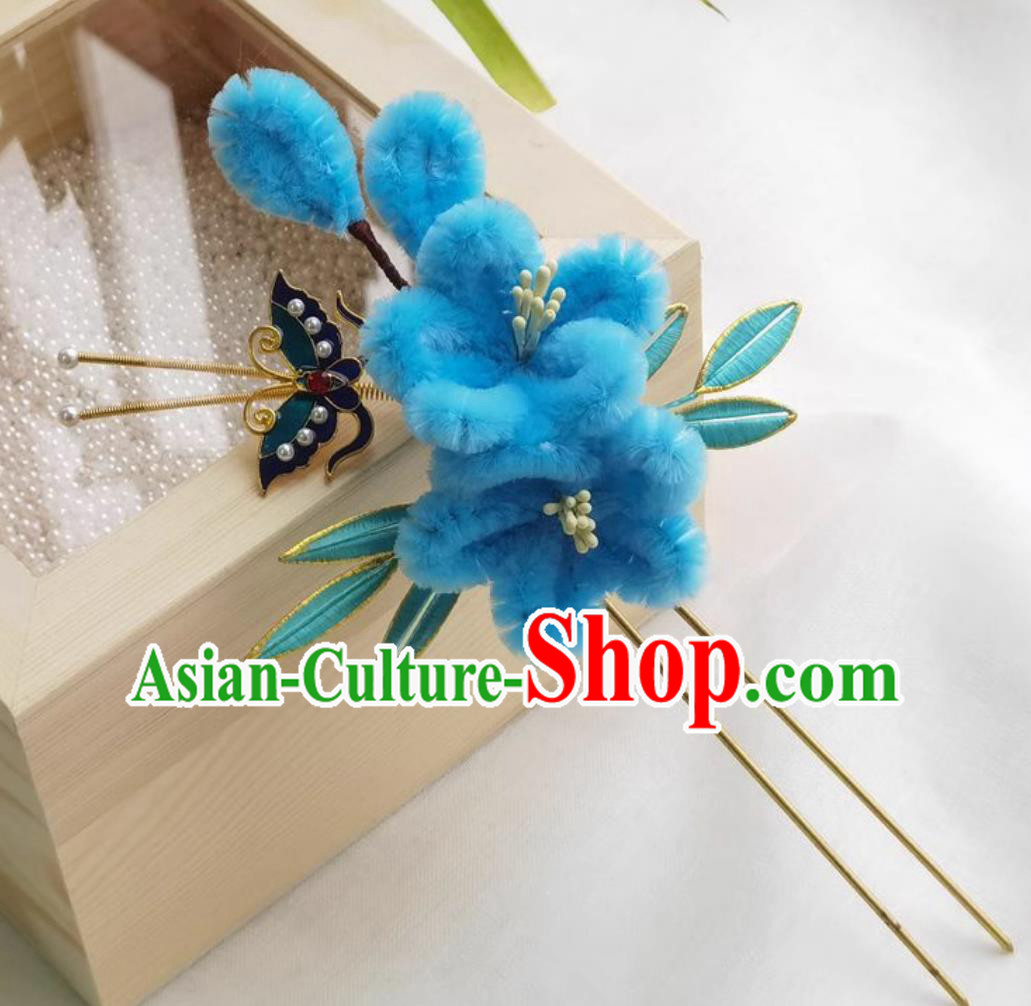 Traditional Headpiece Handmade Hair Jewelry Chinese Hanfu Blue Velvet Flower Hairpin Wrapped Plum Blossom Hair Stick