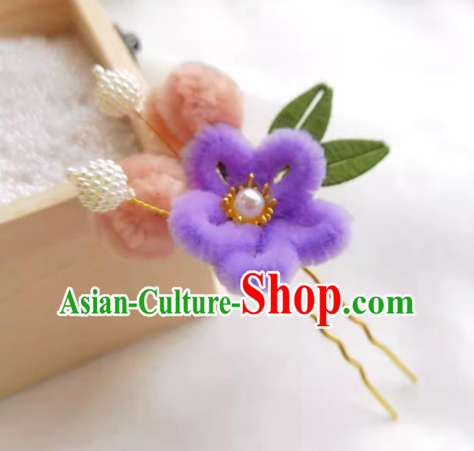Chinese Handmade Hair Jewelry Hanfu Velvet Flower Hairpin Purple Wrapped Plum Blossom Hair Stick Traditional Headpiece