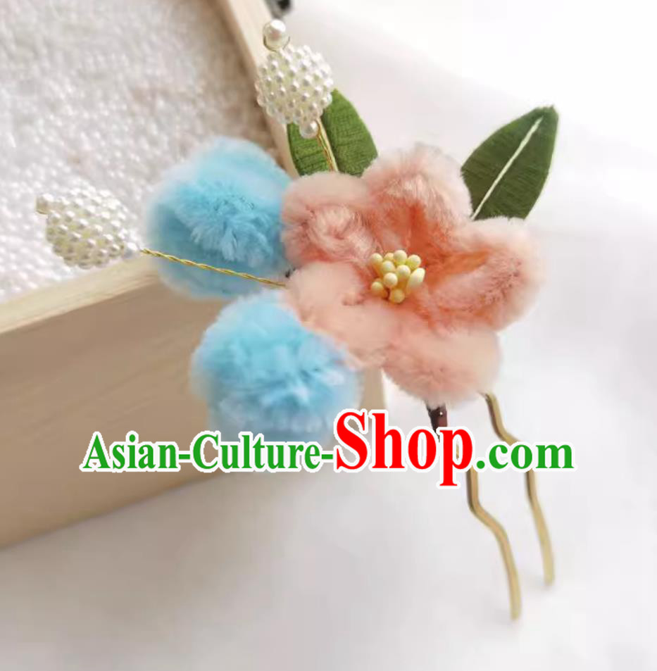 Pink Wrapped Plum Blossom Hair Stick Chinese Traditional Headpiece Handmade Hair Jewelry Hanfu Velvet Flower Hairpin