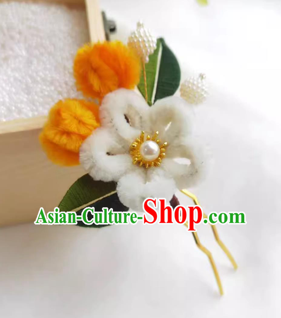 Hanfu Velvet Flower Hairpin White Wrapped Plum Blossom Hair Stick Chinese Traditional Headpiece Handmade Hair Jewelry