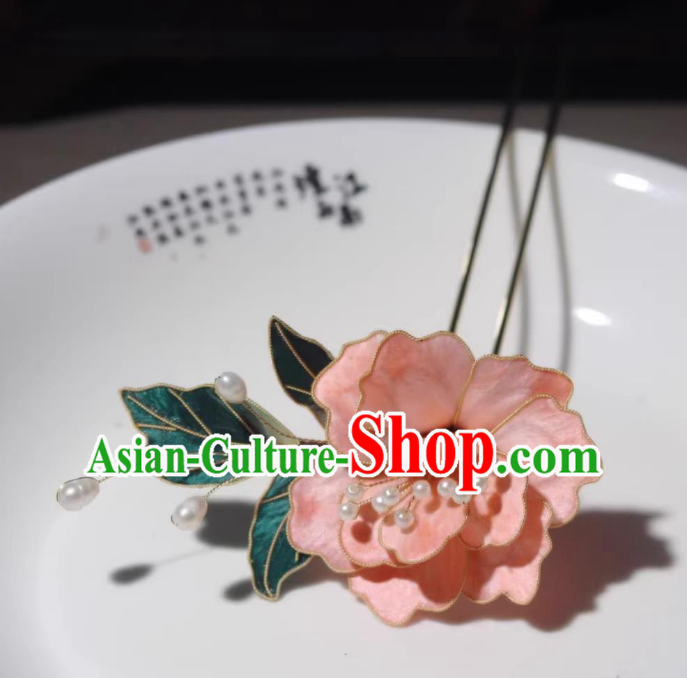 Chinese Cheongsam Hanfu Headwear Ancient Hair Jewelry Intangible Cultural Heritage Velvet Flower Hairpin Silk Pink Camellia Hair Stick